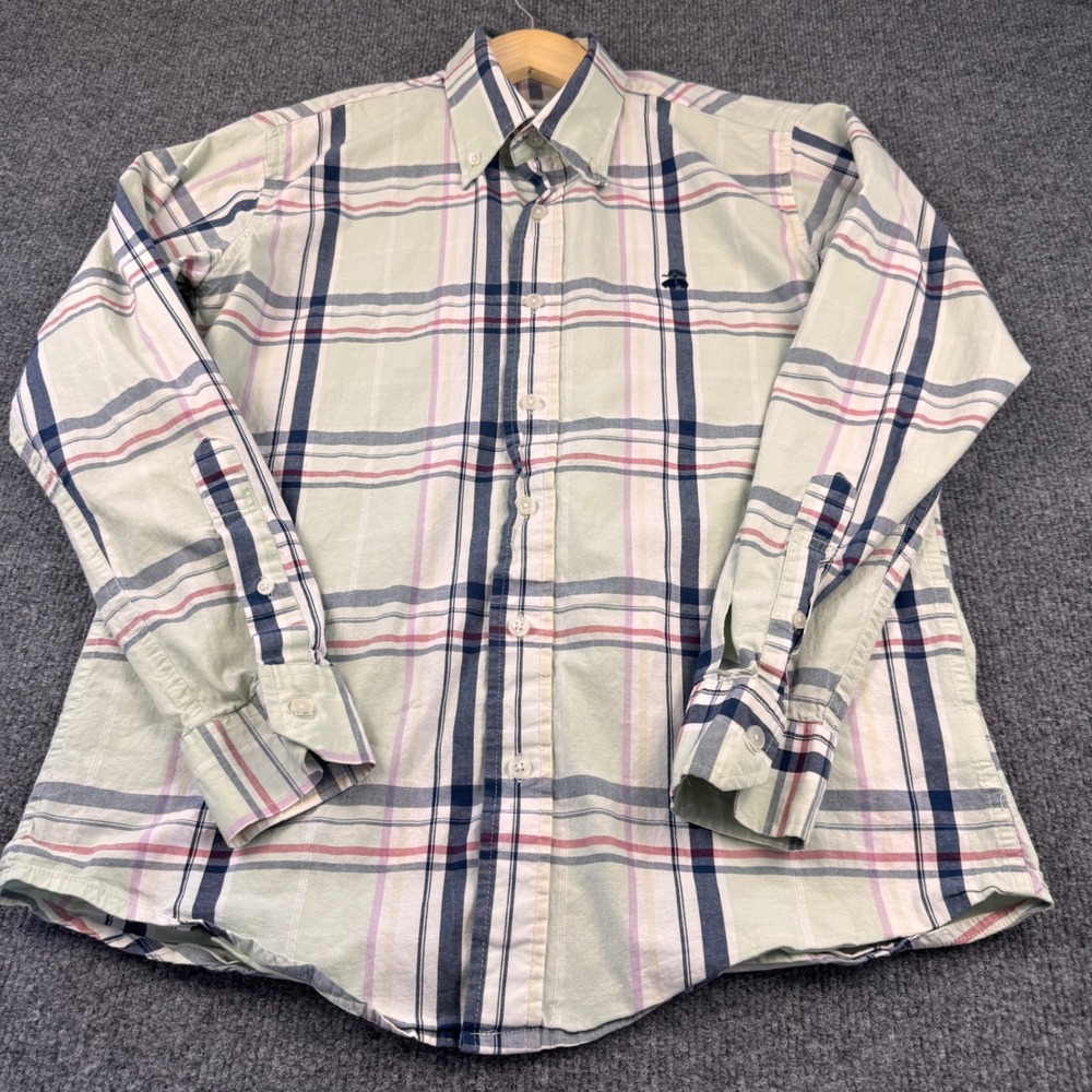 Brooks Brothers Button Down Shirt Mens L Green Plaid Excellent Regent Fit Cotton